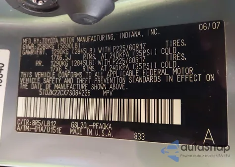 2007 Toyota Sienna Xle/Xle Limited z USA, uszkodzony, nr VIN 5TDZK22CX7S084226